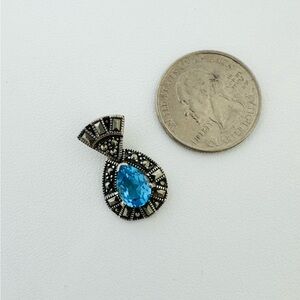 Blue Topaz Marcasite Teardrop Pendant 925 Silver deco design